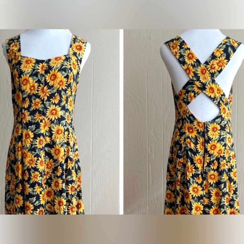 Vintage 90s All That Jazz Sunflower Floral Print Cross Back Dress